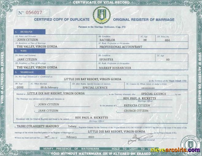 United Kingdom Virgin Islands marriage certificate